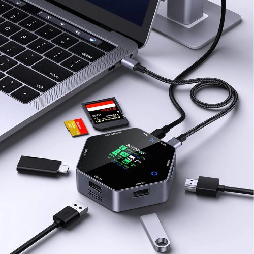 Blitzwolf BW-TH16 USB HUB docking station: LCD display, Type-C, USB3.1 Type-C 3.1, HDMI 4K@60Hz, SD/TF Card Slots, 100W PD