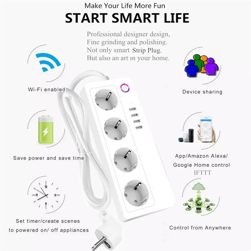 Smart Power Strip Wifi 4 EU Outlets Plug 4 USB Charging Port Timing App  Voice Control Work with Alexa Google Home Assistant